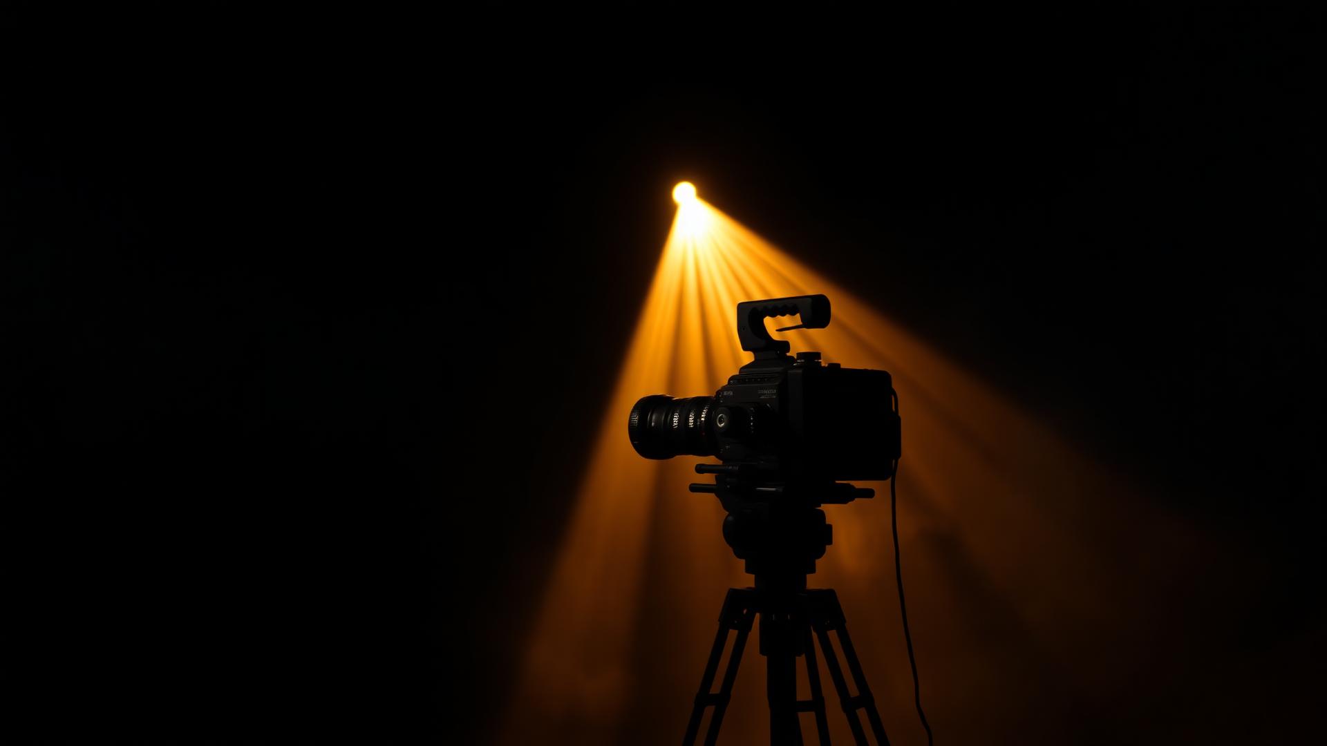 Cinematic film camera lit by golden light